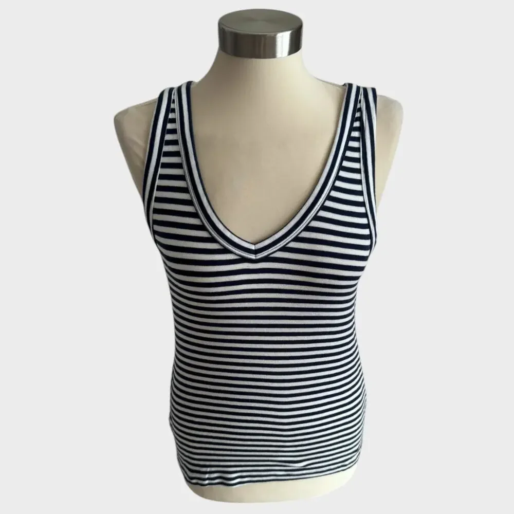 Ann Taylor LOFT Medium Black White V Neck Tank Top 100% Cotton